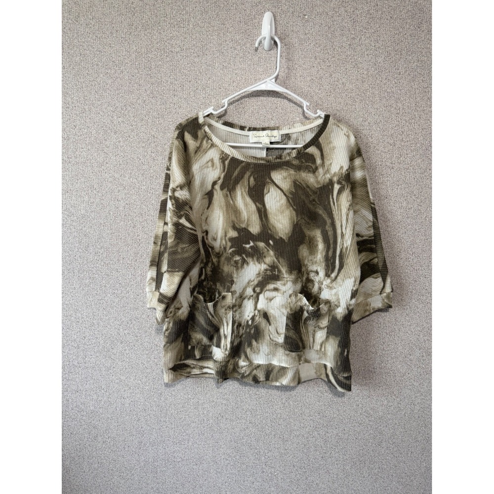 French Laundry Womens Marble Ribbed Knit Top Olive Cream 3/4 Sleeve Pockets L